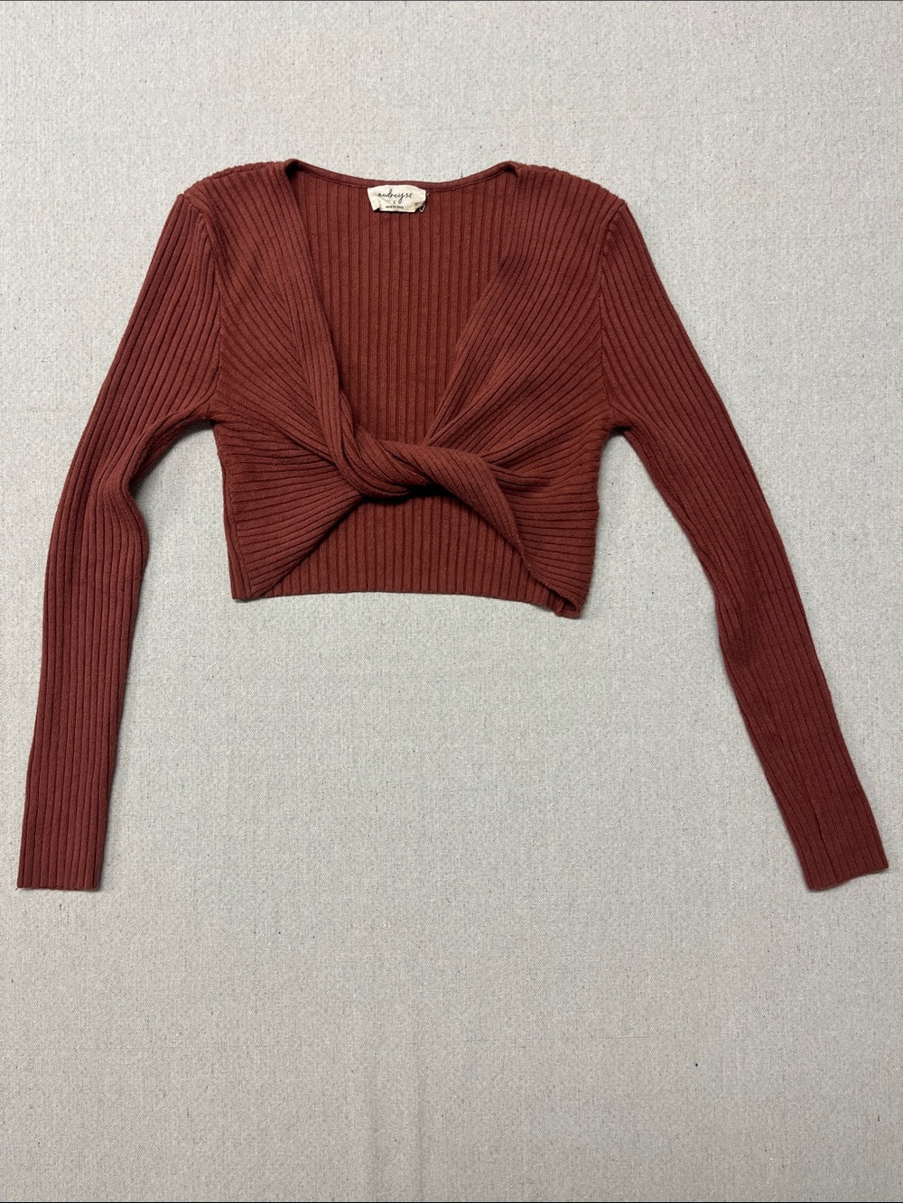 Audrey 3+1 Rust Ribbed Twist Front Crop Top Long Sleeve Size Small